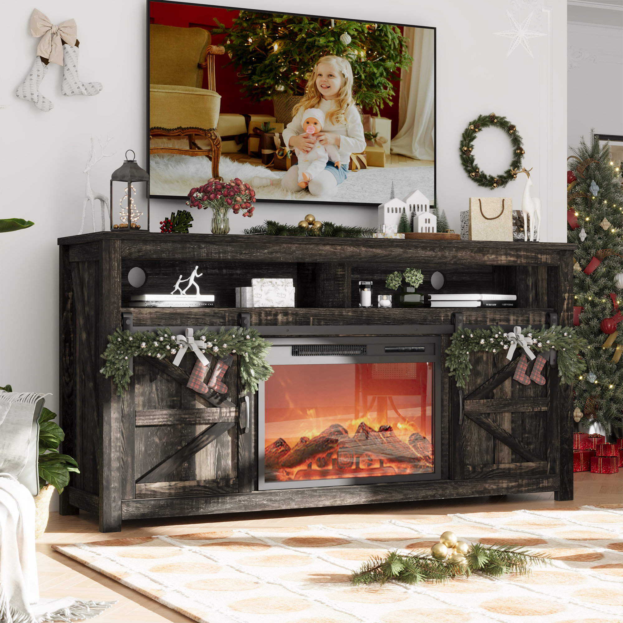 Gracie Oaks Fireplace TV Stand For Tvs Up To 70", Entertainment Center ...